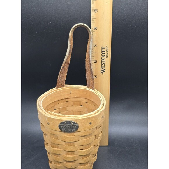 Vtg Peterboro Small Hanging Basket w/ Leather Strap(Worn) - 4.75" Light Brown - Picture 3 of 16